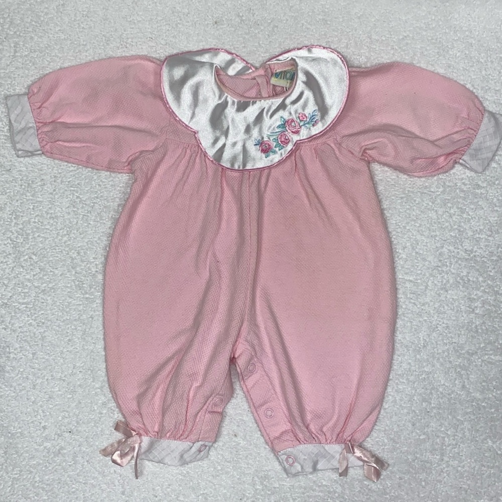 Vintage vitamins bubble romper satin rose collar 6/9m